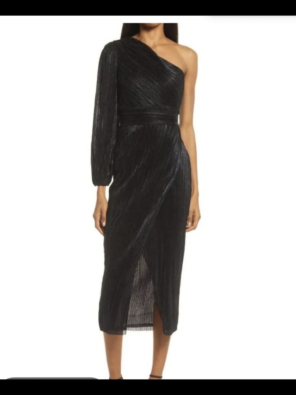 SAYLOR One-Shoulder Black Pleated Midi with Long Sleeve